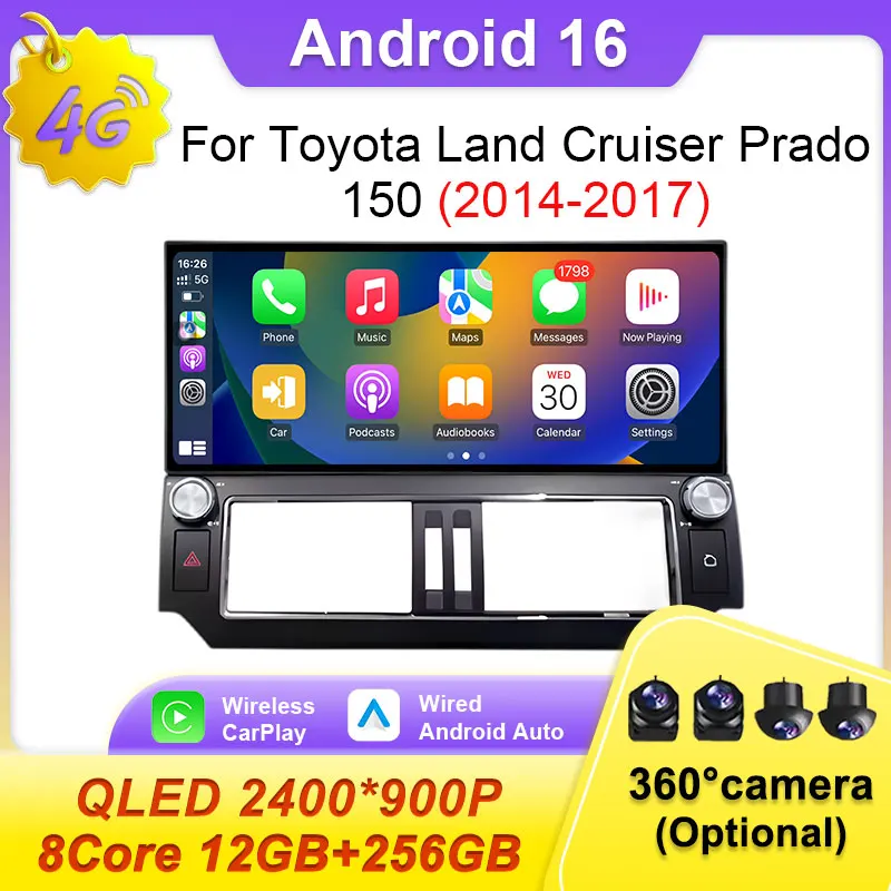 

12.3-дюймовый GPS-навигатор с CarPlay для Toyota Land Cruiser Prado 150 2014-2017, Android 16, видеоплеер, автомобильная магнитола, стереосистема, 4G, мультимедиа