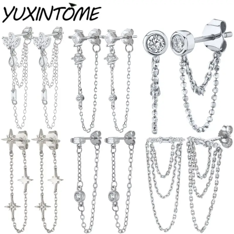 

925 Sterling Silver Needle Advanced Geometric Design Zircon Chain Mode Pendant Earrings Fashion Luxurious Stud Earrings Jewelry