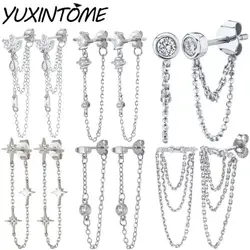925 Sterling Silver Needle Advanced Geometric Design Zircon Chain Mode Pendant Earrings Fashion Luxurious Stud Earrings Jewelry
