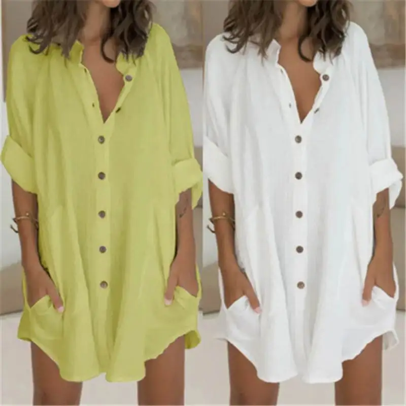 

Faion Women's Casual Summer Blouse Dr M3XL V-ne ort Sve Cotton Straight Cut Button up Top Ladies Faion