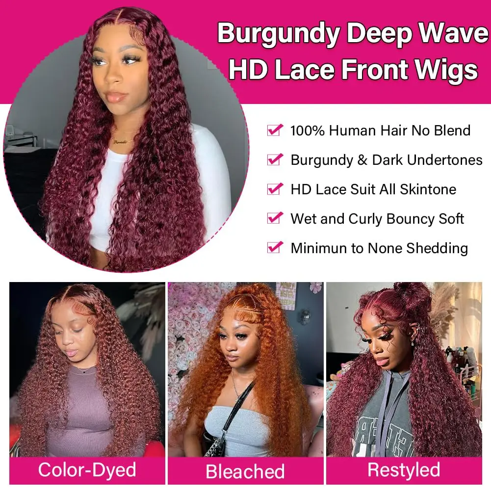 Perruque Lace Front Wig Naturelle Bouclée, Cheveux Humains, Deep Wave, Bordeaux 99J, Couleur Vin Rouge, 13x4, 13x6 HD, 30 Pouces