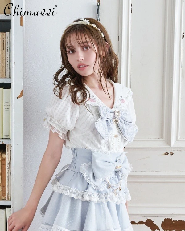 Japanese Liz Mine Strawberry Embroidered Sailor Collar Shirt Summer New Girl\'s Lolita Sweet Cute Bowknot Blouse Women Tops