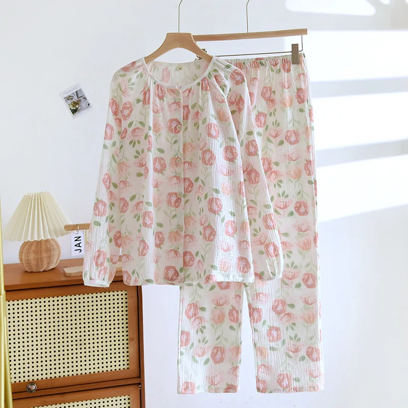 

2025 Cotton Crepe Pajamas Set Women's Pastoral Round Neck Cardigan Long-sleeved Trousers Loungewear Loose Home Clothes 2 Piece