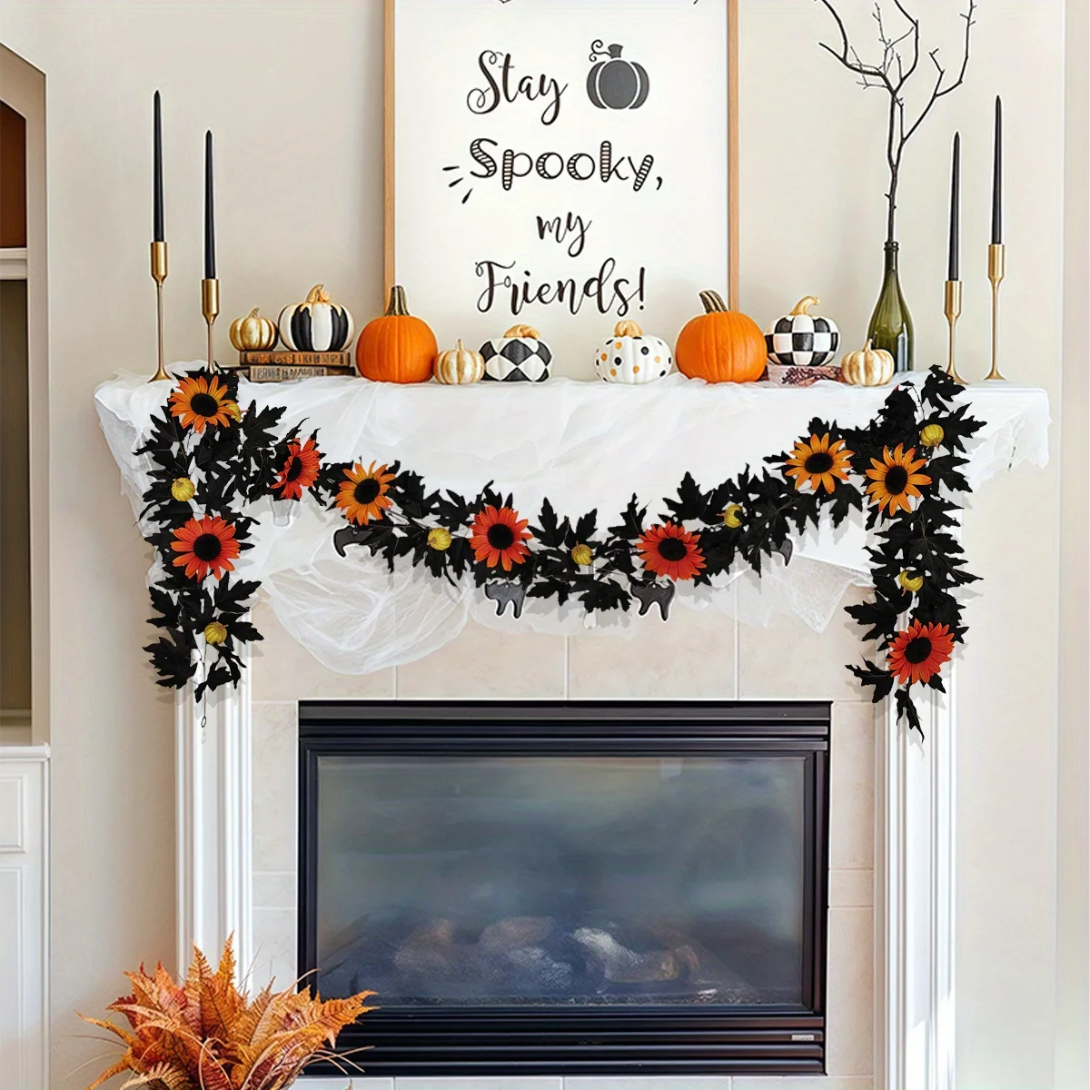 

Гирлянда из черных кленовых листьев длиной 5,9 футов с 5 блестящими тыквами и подсолнухами, готическая лоза для Хэллоуина, декор для камина и стен дома