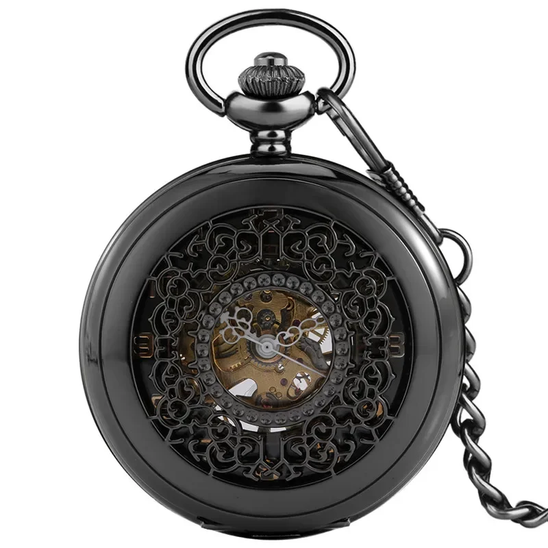 Antique Hollow Out Mechanical Hand Winding Pocket Watch for Men Women Steampunk Half Hunter Clock FOB Pendant Chain Watches Gift