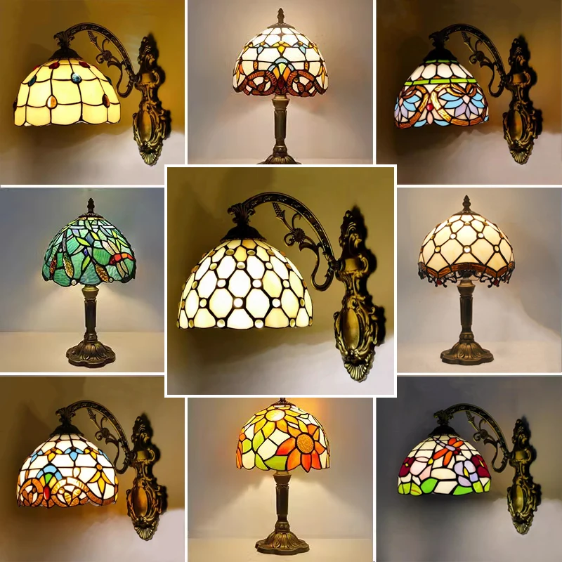 

Retro Tiffany Wall Lamp E27 Stained Glass Lampshade Mediterranean Style Table Light Bedroom Bedside Lights Decorative Lighting