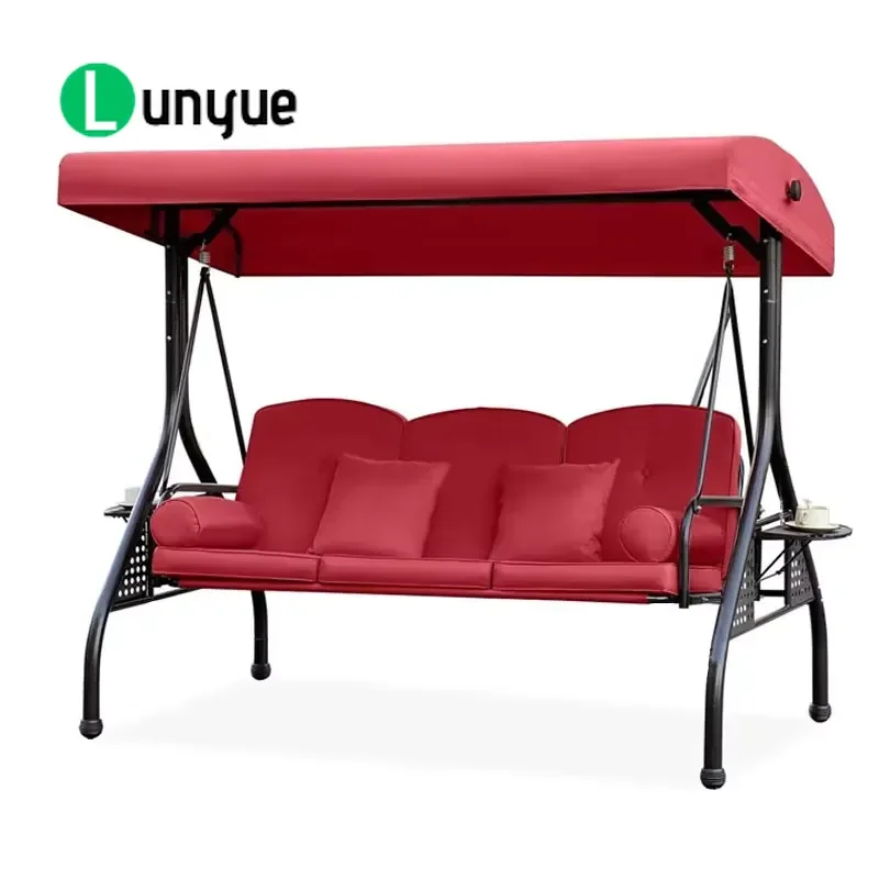 3 Seat Outdoor Garden Hanging Swing Chair with Ceiling Cushion and Side Table Comfortable Patio Furniture for Backyard Porch