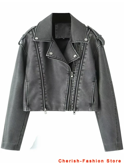 Damska w stylu Vintage luźna, sprana ze sztucznej skóry, krótka kurtka Streetwear damski pasek na zamek motocyklowy odzież wierzchnia płaszcz Retro