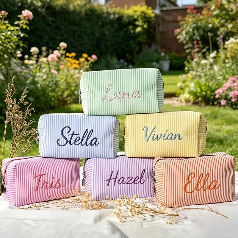 【Customized Products】 Embroidered Custom Luggage Organizer, Personalized Embroidered Makeup Bag - Custom Name Stripe Cosmetic Storage Bag, Customizable Embroidered Name Stripe Makeup Bag, Large Capacity Seersucker Toiletry Bag, Portable Skincare Storage Bag for Travel, Macaron Color Makeup Brush Organizer, Student Pencil Case Multifunctional Storage Bag, DIY Personalized Name Embroidery for Girlfriends, Multiple Colors Available