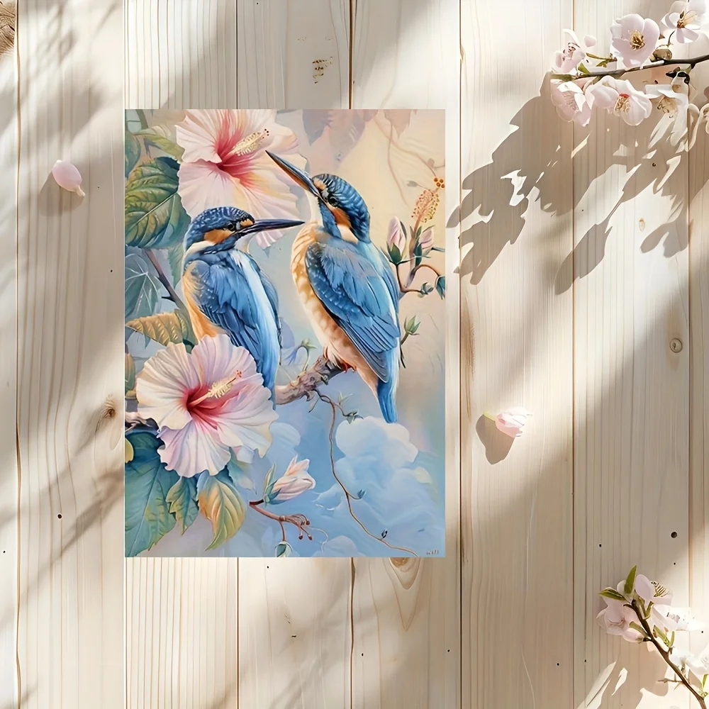 Frameless Canvas Artwork Featuring a Kingfisher And Hibiscus Flower, Ideal for Decorating Living Rooms, Bedrooms, Offices, Cafes