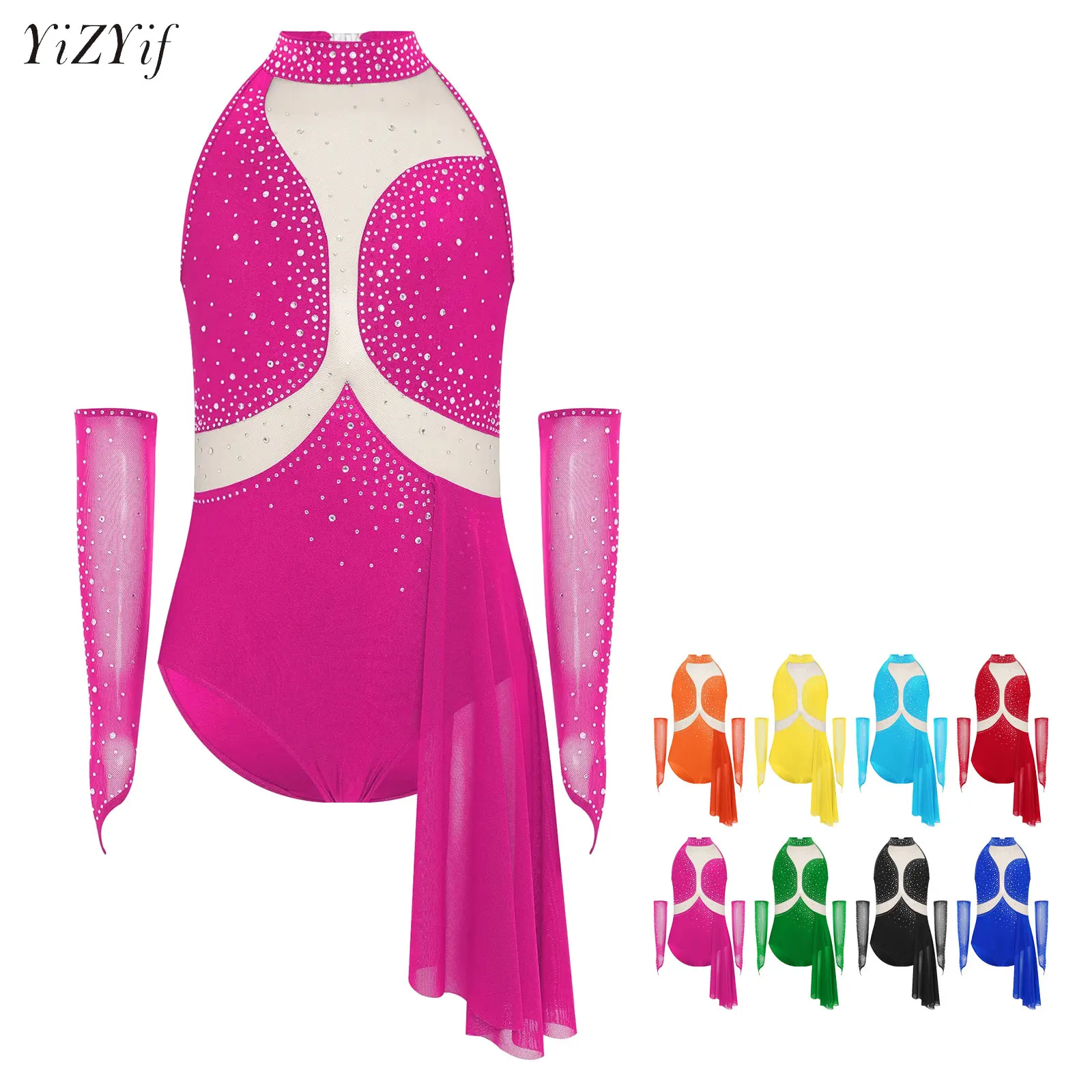 

Ballet Gymnastic Figure Skating Contemporary Dancewear for Kids Girls Lyrical Dance Dress Asymmetrical Skirted Leotard+Gloves