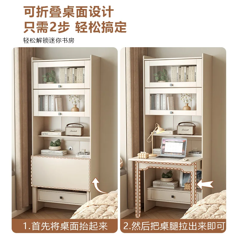 Folding desk bookcase integrated bedroom one-piece computer table bookshelf combination household small apartment cream style st