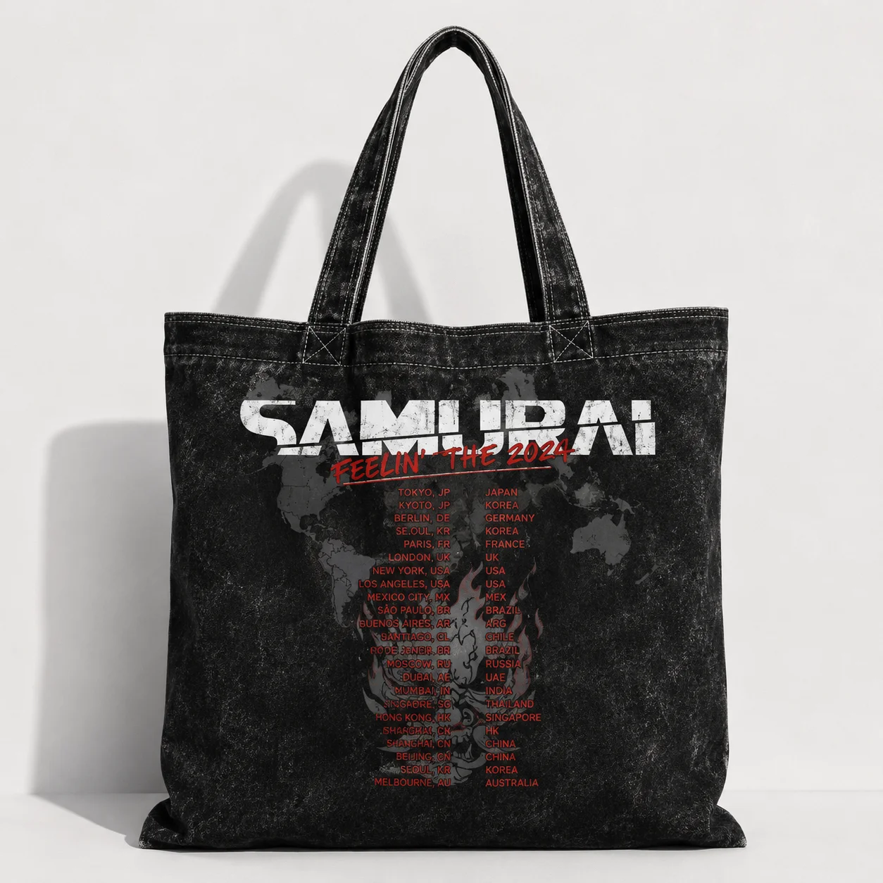 Print Black Rock Tour Canvas Tote Bag, Samurai World Tour Distressed Poster Print Large Capacity Casual Shopping Bag