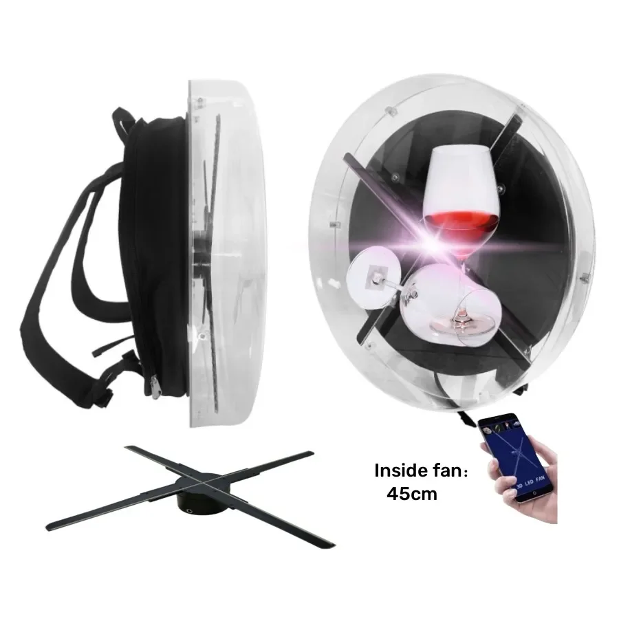 

Long life battery supply 45cm backpack 3d hologram fan advertising machine Mobile App 3d fan hologram backpack