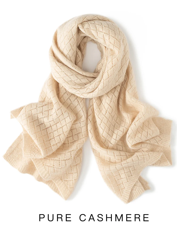 

100% Cashmere Scarf For Women Autumn Winter Hollow Soft Comfy Long Scarf Shawls Cashmere Knitwear High Quality Wraps Scarf Top