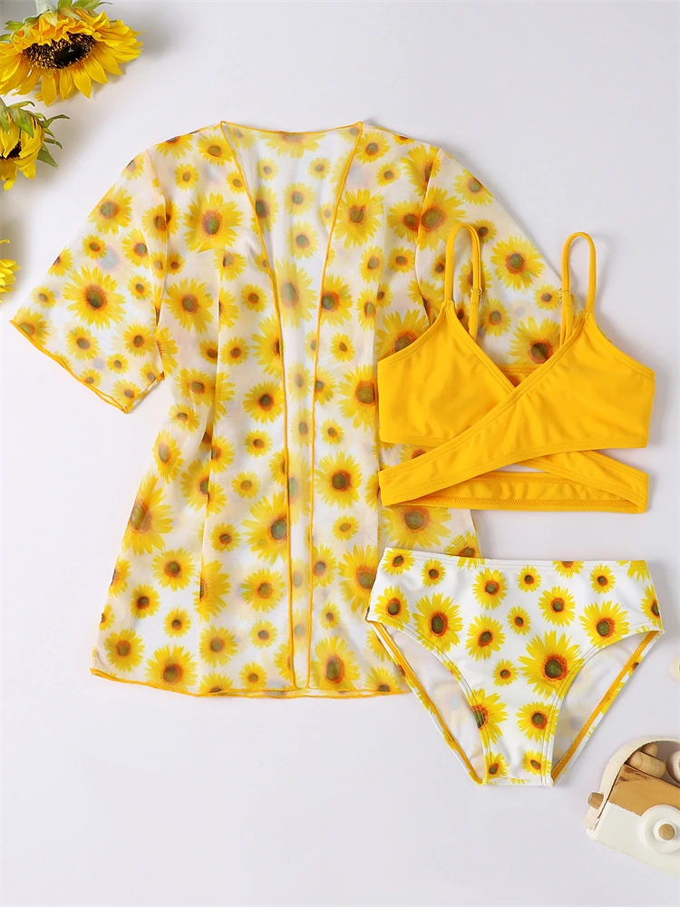 Bikini Girls Swimsuit 2024 New Sun Flower Sling Children Bikinis Set Stroje kąpielowe z wysokim stanem Stroje plażowe dla dzieci Strój kąpielowy