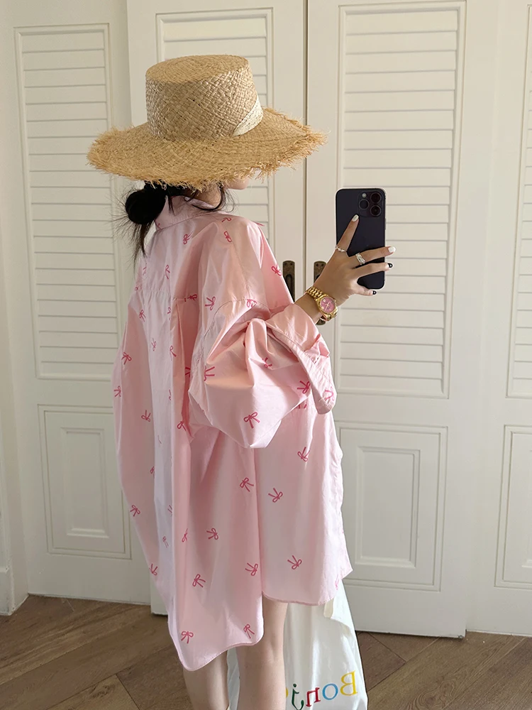 

Pink Knot Print Casual Long Sve Women's irt Spring Autumn Lightweight Outerwear Trendy Cotton Breathable