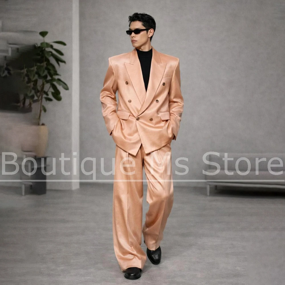 

Men's Satin Suit Double Breasted Blazer with Wide Leg Pants Modern Oversized Outfit Wedding Prom Formal Evening Party Tuxedo