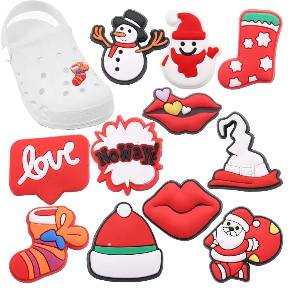 1pcs Cartoon Hat Lips Love Socks Snowman Santa Claus PVC Shoe Charms Buckle Fit Wristbands Sandals Shoes Decoration Xmas Gifts