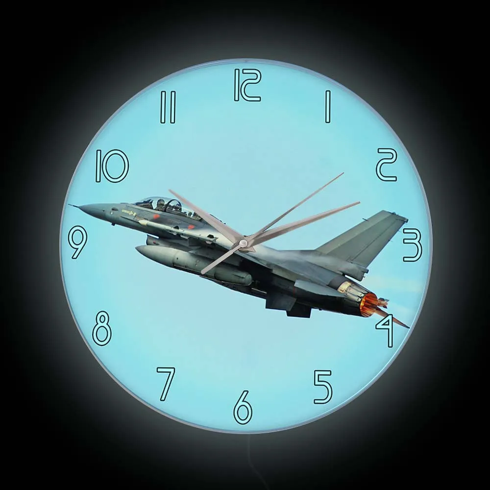 Fighter Jet Airplane LED Backlit Wall Clock For Aviator Man Cave Bedroom Military Aircraft Attack LED Lighted Clock Bedside Lamp