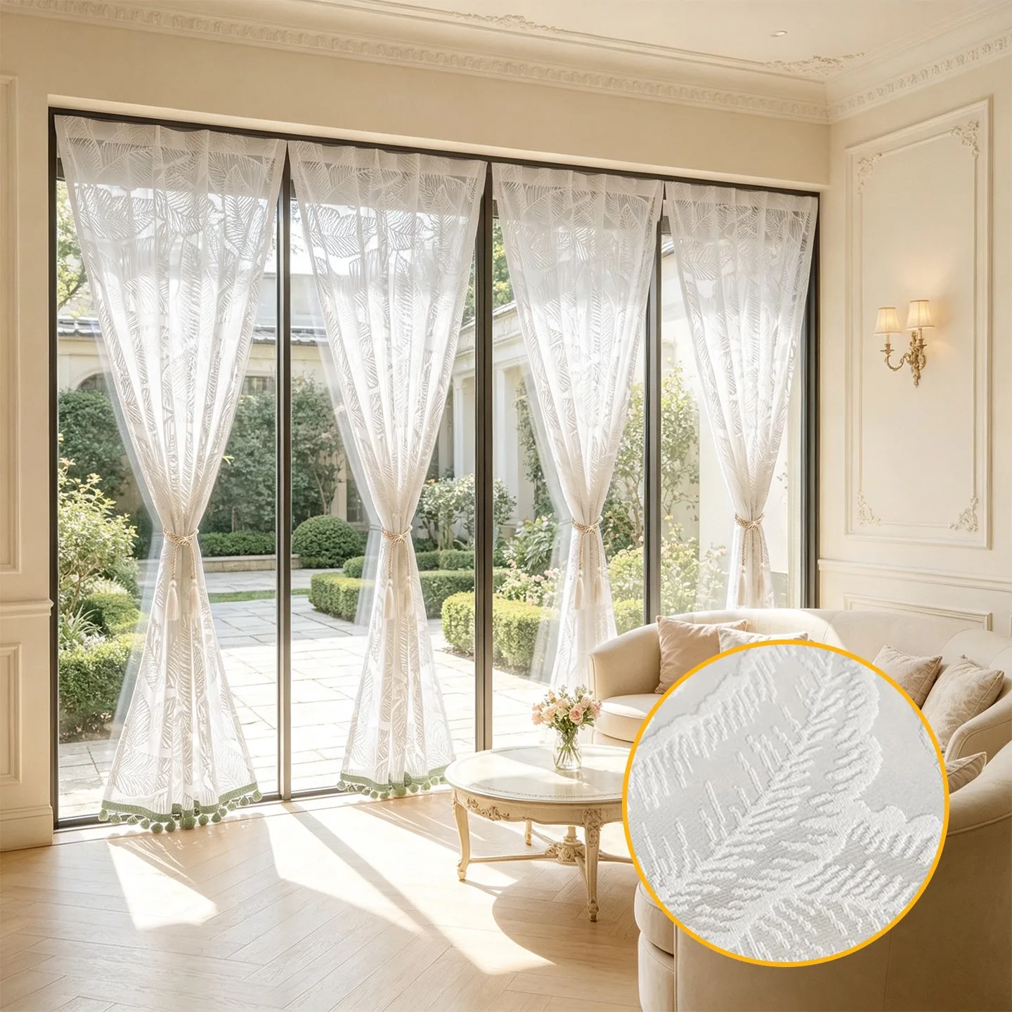Sheer Curtains No Drill Light Filtering Privacy Curtain with Tiebacks Self Adhesive Pleated Blinds Pattern Gauze Curtains for Li