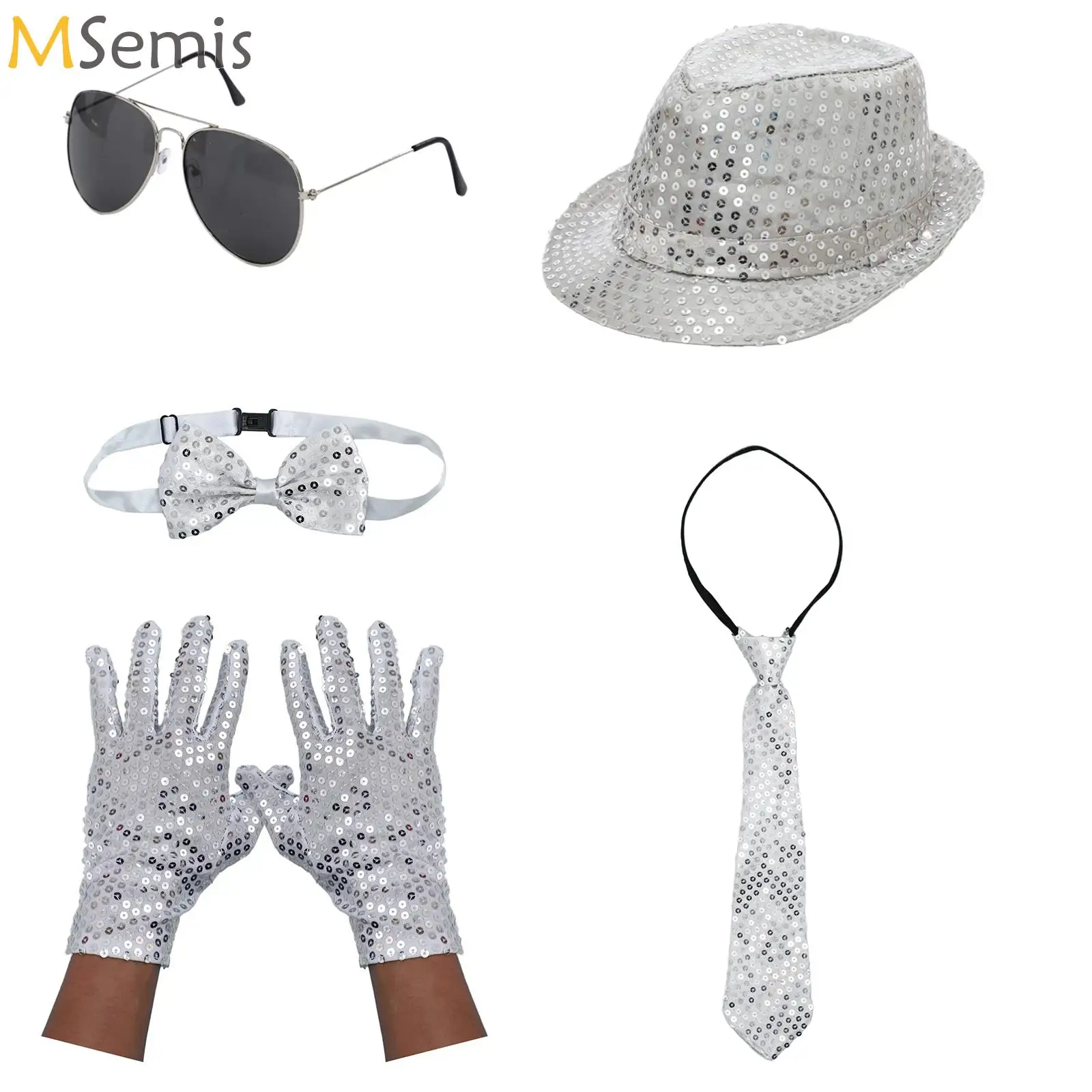 5 قطعة 70s ديسكو ازياء اكسسوارات مجموعة الهيب هوب قبعة ربطة القوس فيونكة النظارات الشمسية التعادل وقفازات لحفلات الهالوين فستان حفلة تنكرية #1