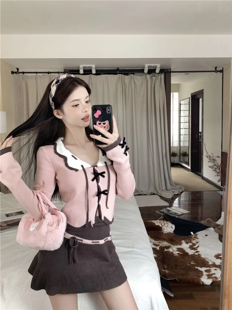 Contrast Color Y2k Ruffled Long Sleeve Short Knitted Sweaters Pink Hotsweet Lace-up Slim High Waist Cardigan Women Skirt Sets