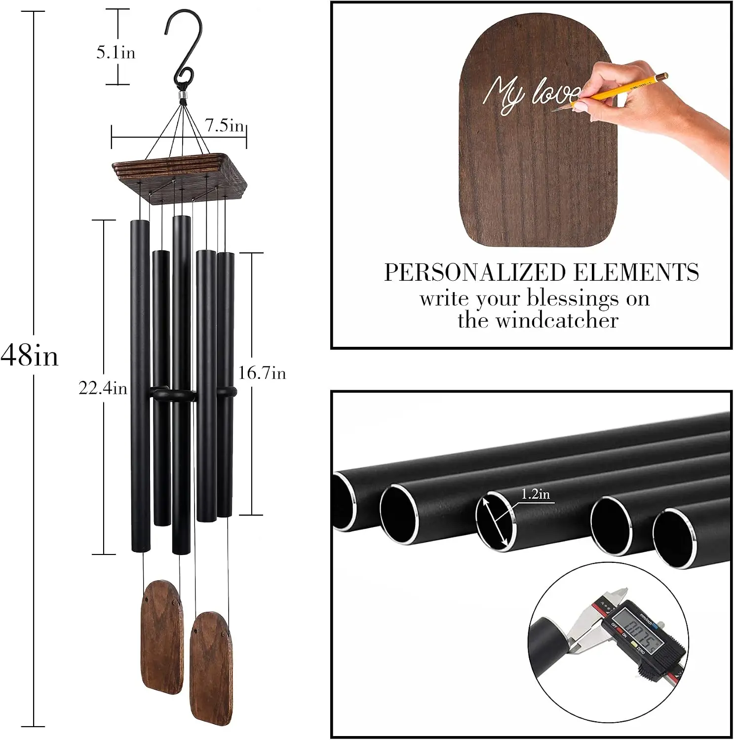 48 Inch Large Wind Chimes Deep Tone Wood Outdoor Clearance Memorial Gifts Mothers Day Christmas Garden Patio Yard Decor Black