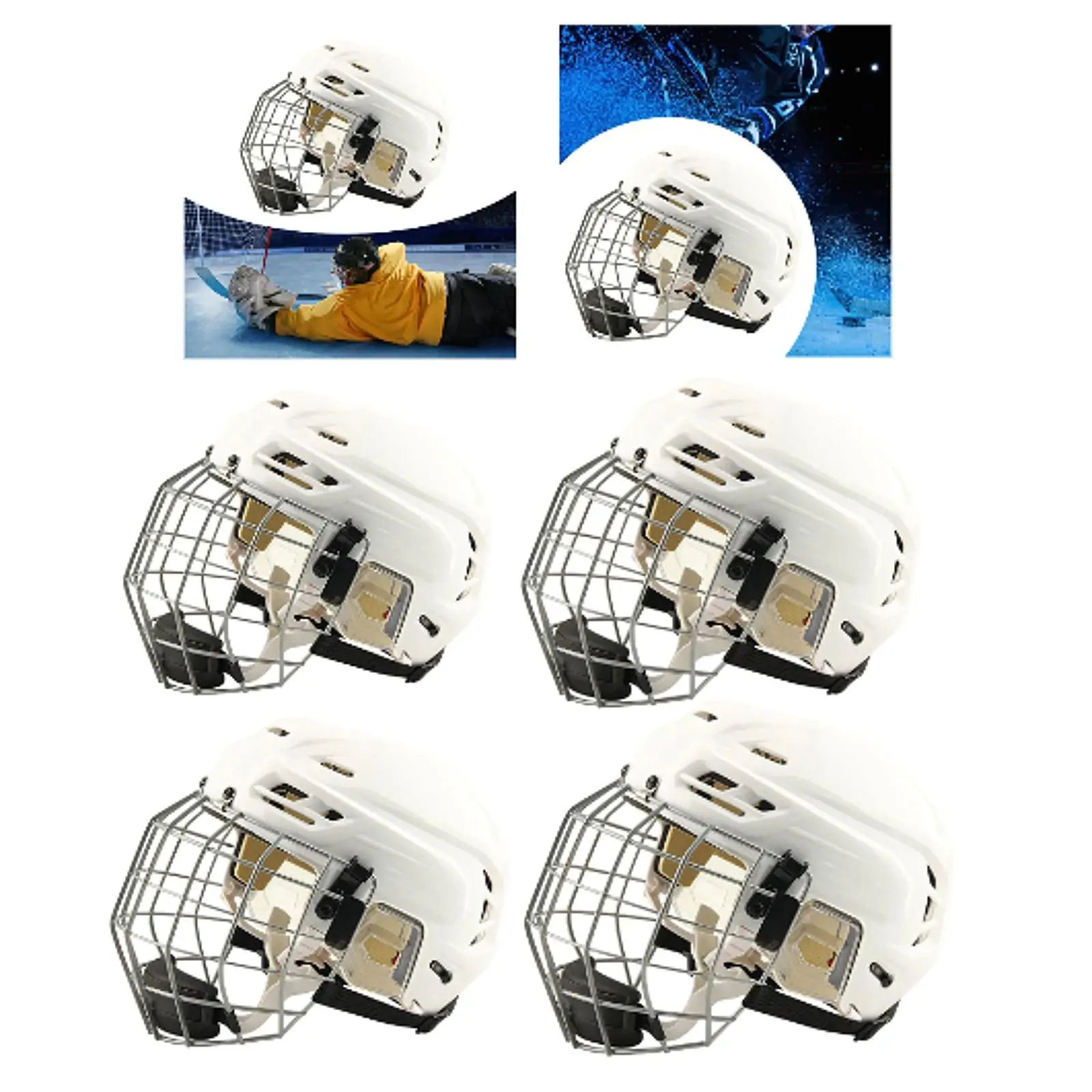 

Hockey player helmet on ice with competition equipment for professional sports