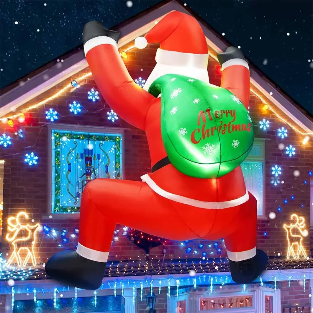6FT Tall Christmas Inflatable Hanging Santa Santa with Gift Bag Decorations Blow Up Climbing Santa with LED Lights Outdoor Toys