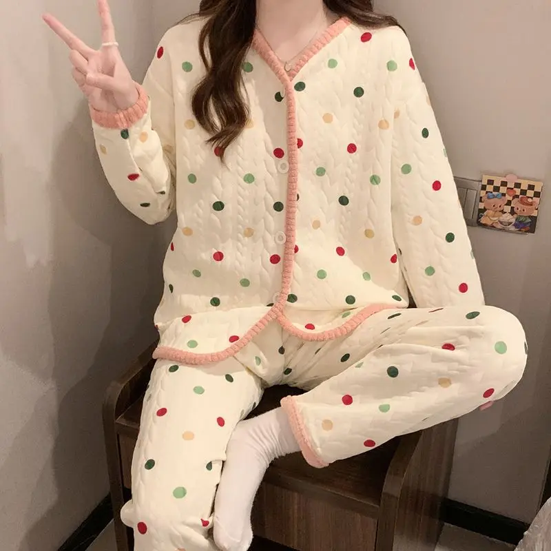 

cotton Women's pajamas Spring autumn winter long sleeves Comfortable Sleepwear cardigan Korean style Pajama sweet homewear suit