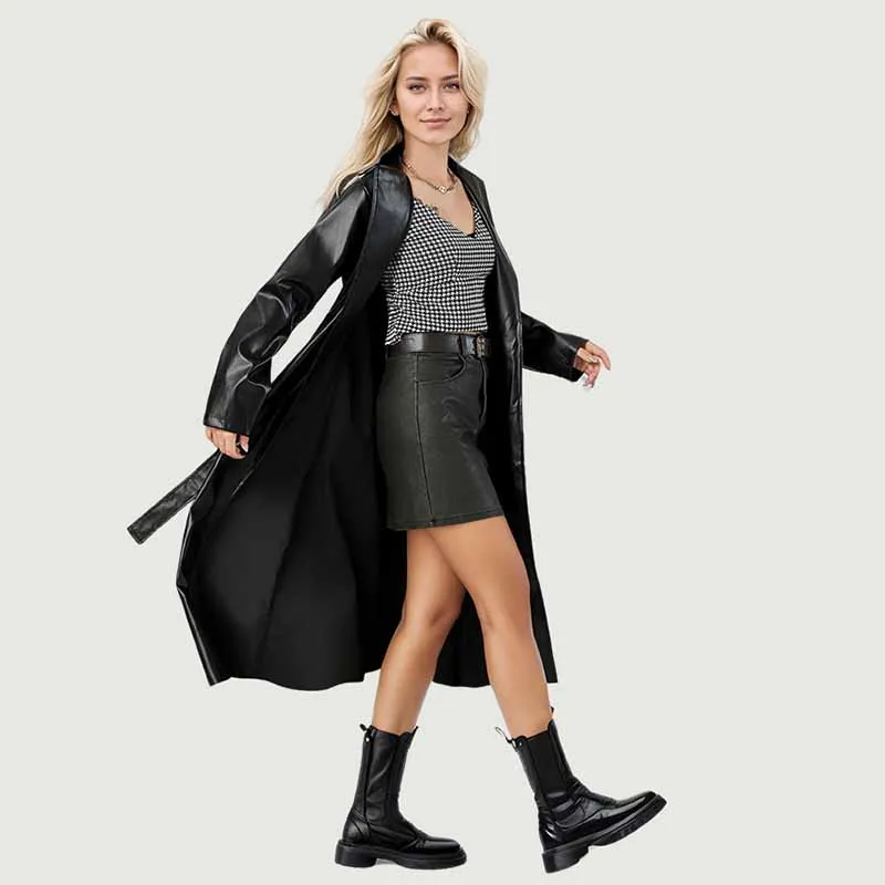 Spring Autumn Long Black Pu Leather Trench Coat Women Streetwear Fashion Belt Turndown Collar Overcoat Temperament Outerwear