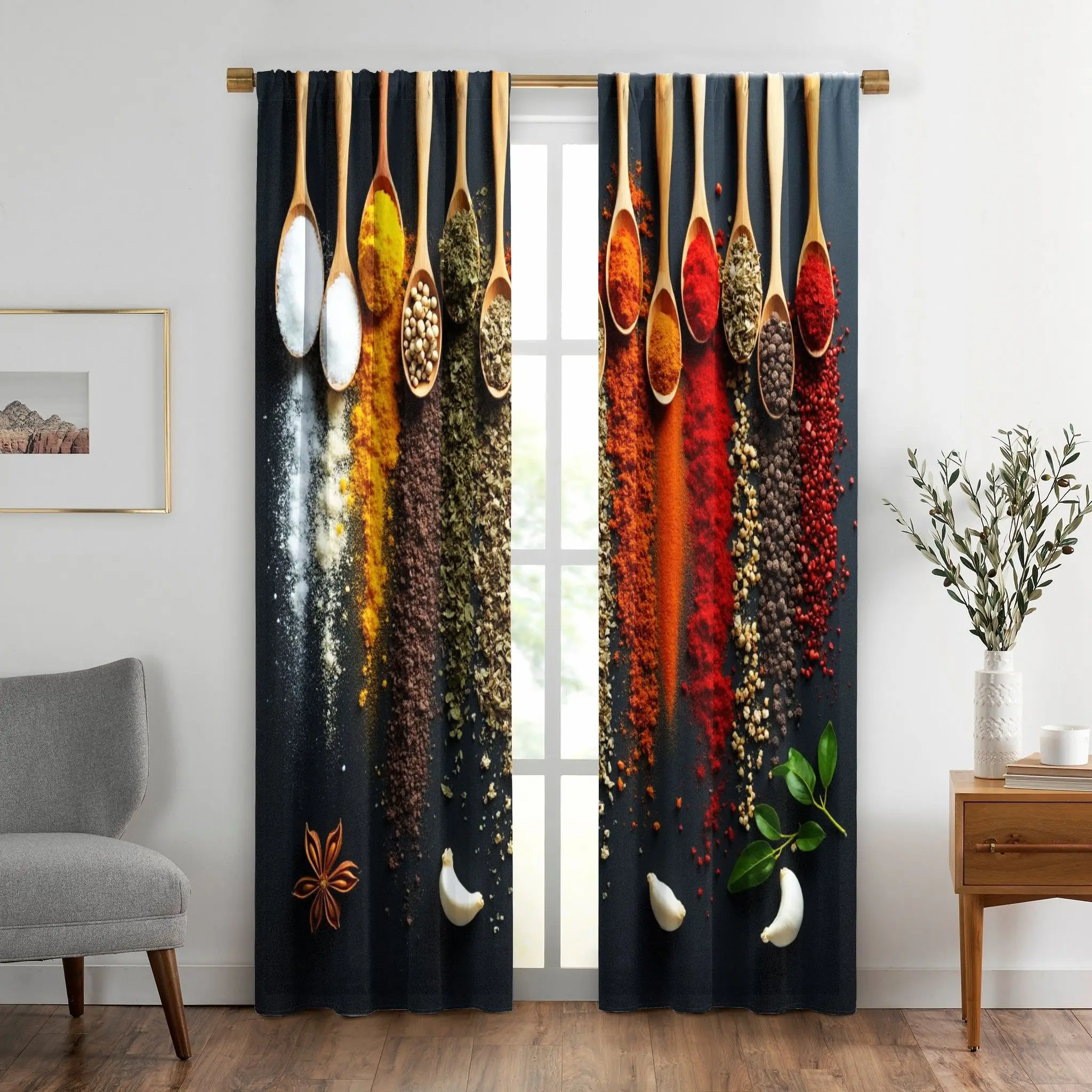 2pcs Spice Spoon Colorful Herb Kitchen Curtain for Culinary Theme Dining Room Decor Drape
