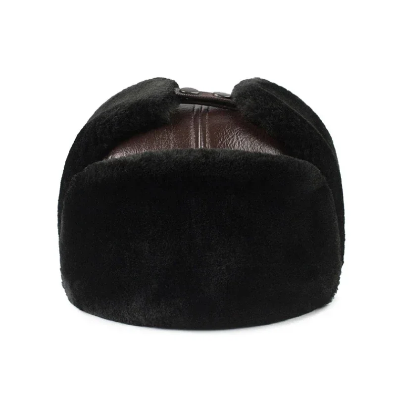 Male Winter Warm Ear Protection Bomber Hat Man Genuine Leather Faux Fur Military Cap Inside Black Brown 55-60cm Flat Roof Caps