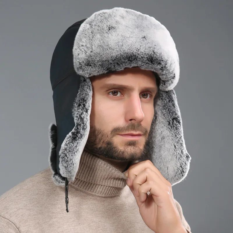 Rex Rabbit Fur Lei Feng Hat For Men Winter Genuine Sheepskin Rabbit Fur Caps Russians Thick Warm Ear Protection Hats Bomber Caps