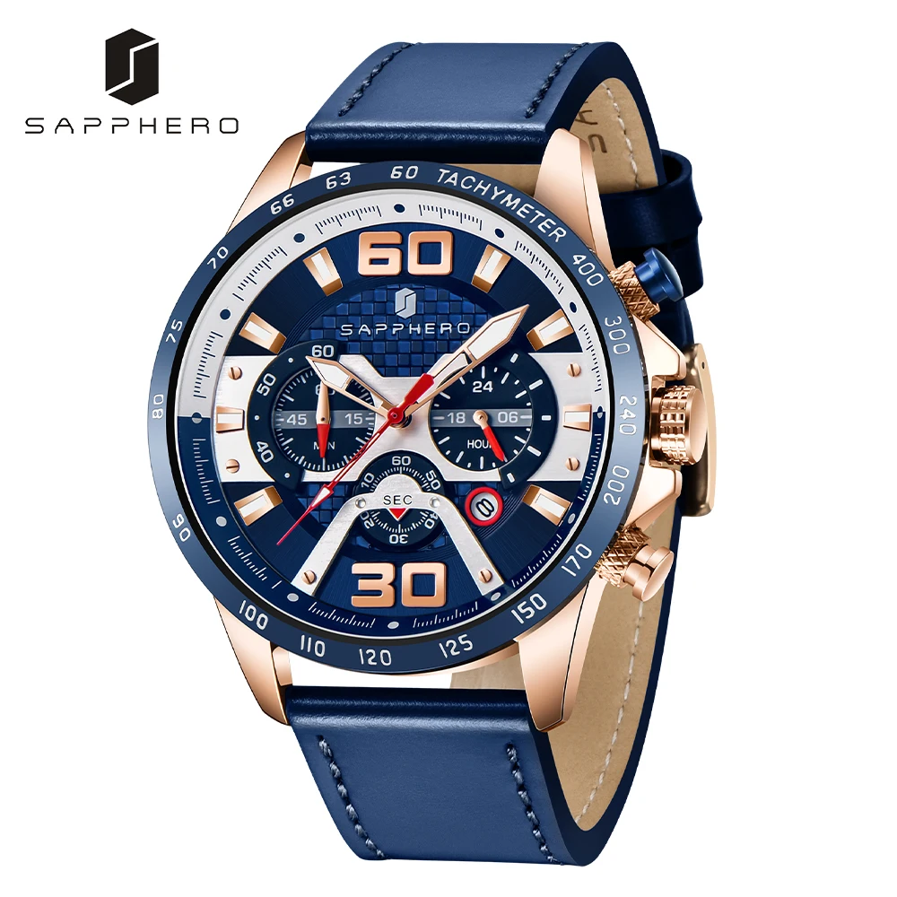 SAPPHERO-reloj de cuarzo de acero inoxidable para hombre, cronógrafo de lujo a la moda, informal, de negocios, de cuero, resistente al agua