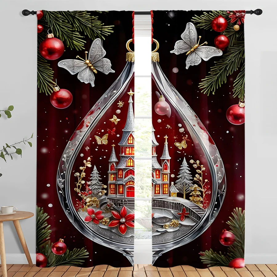 2PCS Digital Print Curtains, Teardrop Glass Globe Christmas Town Pine Branches Red Baubles Silver Butterflies, Elegant Crystal S