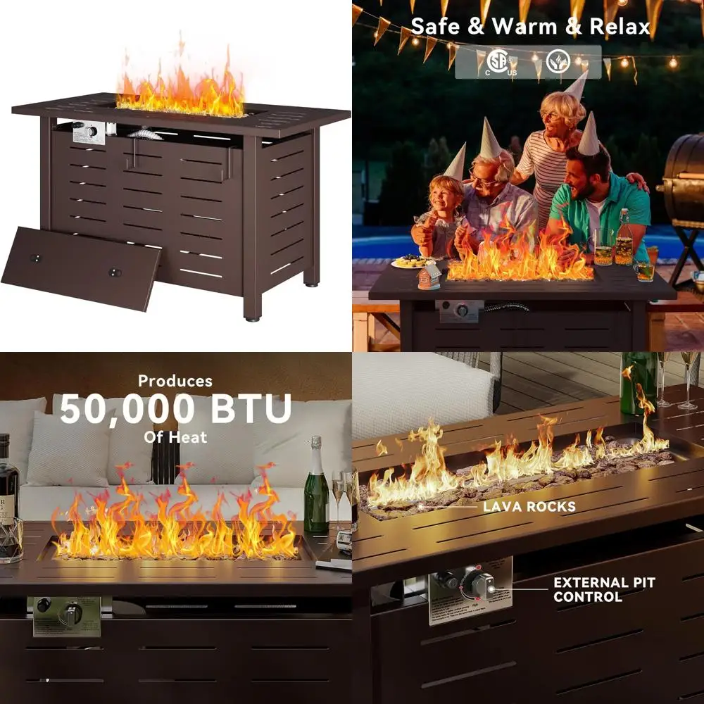 

Rectangular Outdoor Gas Fire Pit with 50,000 BTU, Removable Lid, Waterproof Cover, and Lava Rocks