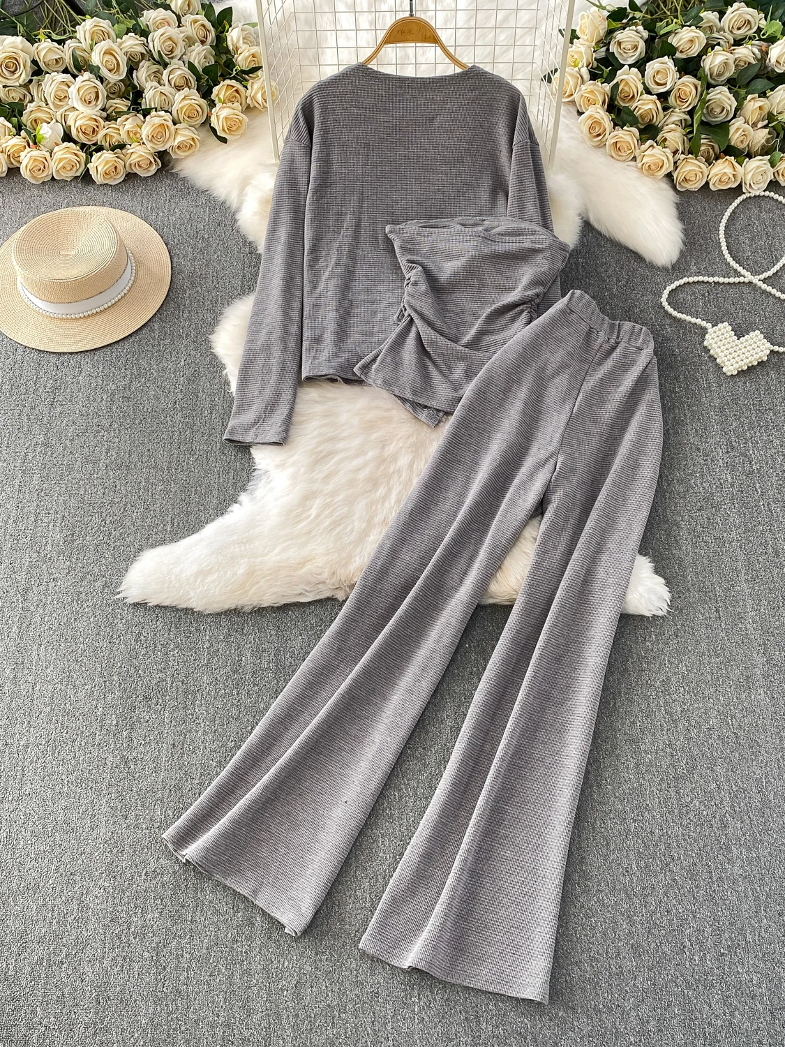 Ele Drama Coreano Fem Chumbo Aberto Cardigan furador Casual Calças de Cintura Alta Conjunto de Peça de Camiseta Oulder Pad Crop Top Faion En...