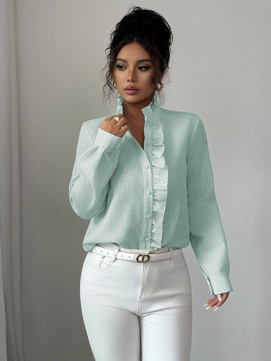 Faionable مخطط طويل Sve المرأة irt الوقوف الياقة Ele Sle عادية الرياح الإنتاج الصيني مجموعة الصيف #2