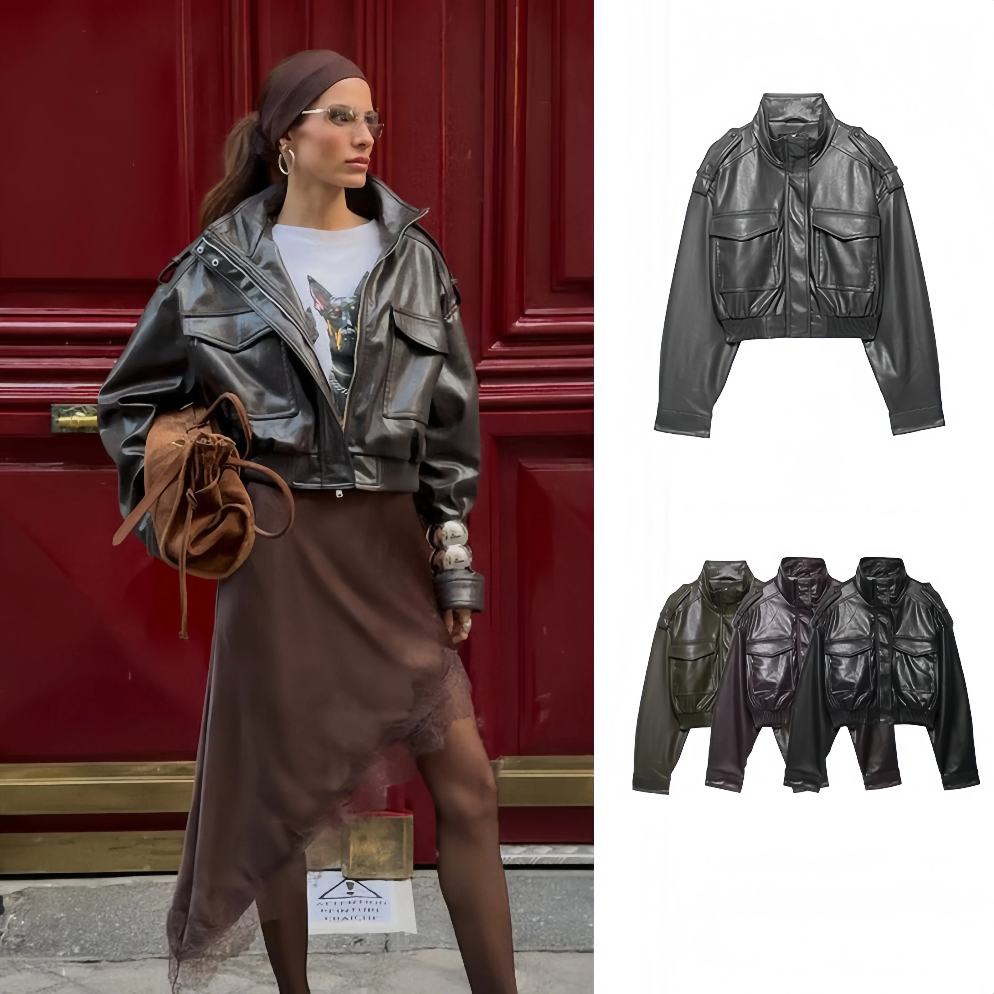 2025 Damen-Jacke aus schwarzem Leder, Vintage-Stil, langärmelig, mit 2 Taschen, Reißverschluss, Moto-Biker, Kurzmantel, modische Streetwear