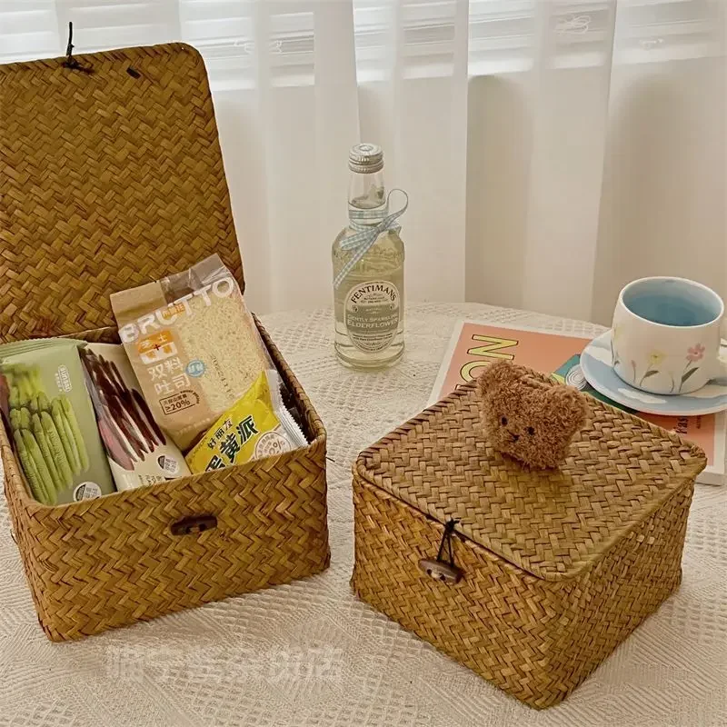 Bear Desktop Storage Box Hand-woven Rattan Wicker Basket Fruit Tea Snack Bread Basket Cosmetic Rectangular Storage Box Household