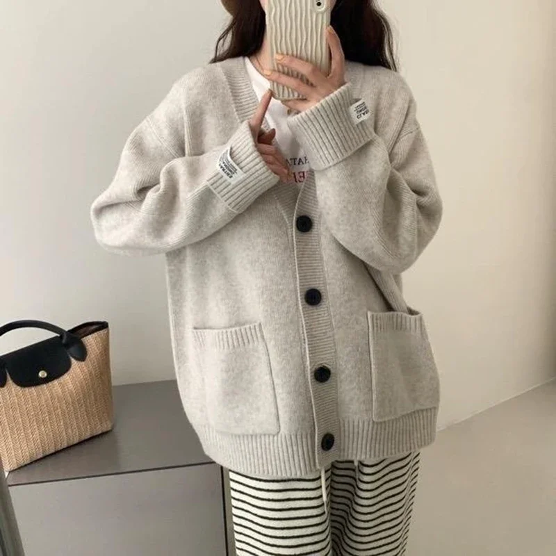Vintage V Neck Knitted Cardigans Women Korean Single Breasted Loose Sweater Cardigan Woman Warm Pocket Long Sleeve Cardiagn Coat