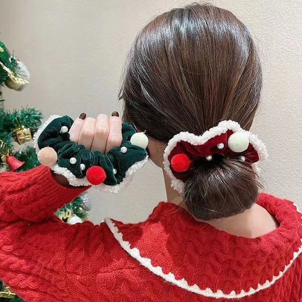 Ikat rambut Natal flanel musim dingin hiasan kepala mewah besar merah hijau ikat rambut elastis tinggi untuk anak perempuan ikat rambut wanita Scrunchies