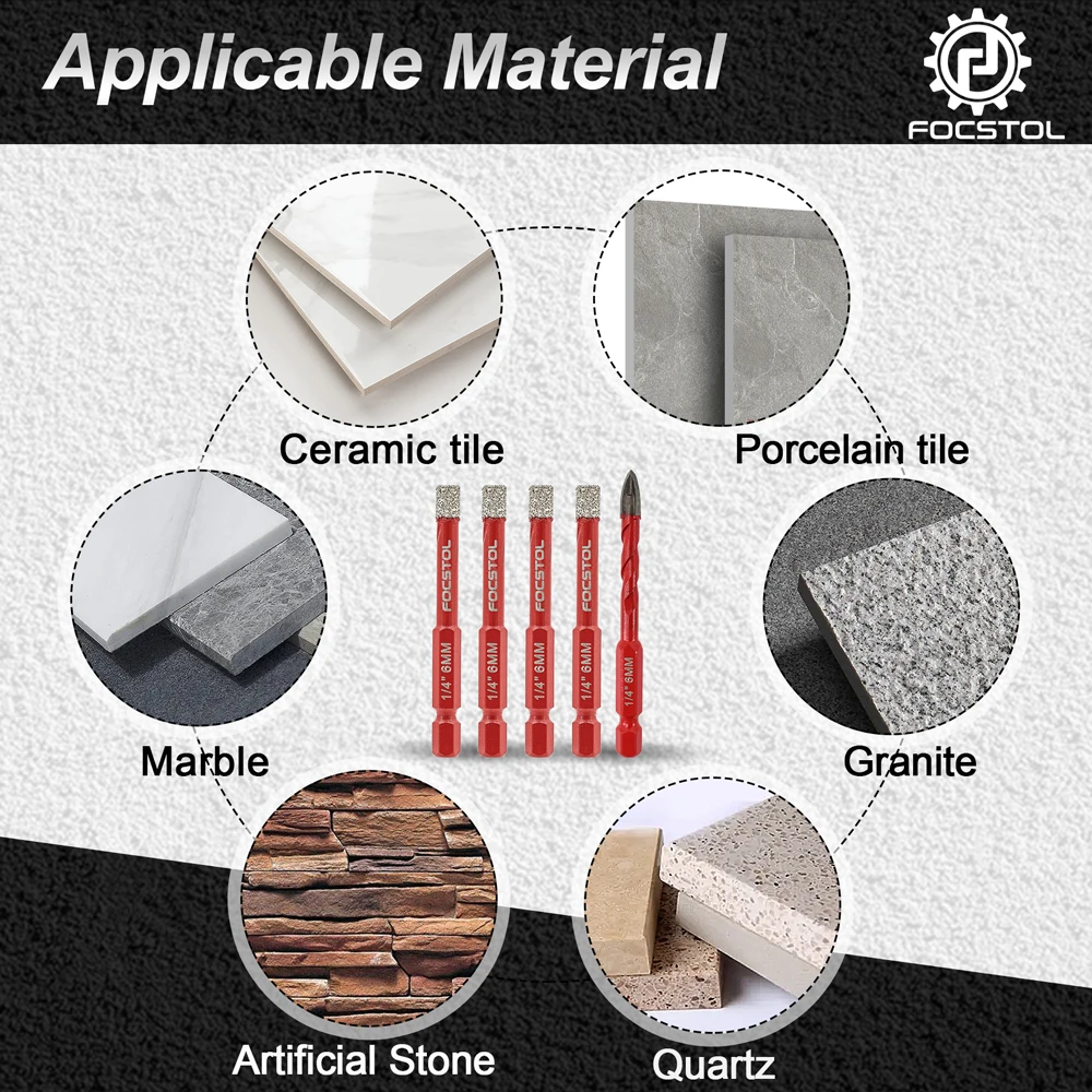 Focstol Diamond Drill Core Bit Hole Saw Drill Bit for Ceramic Marble Tile Granite Hex Shank 6-12mm Hole Saw Drill Core Bit