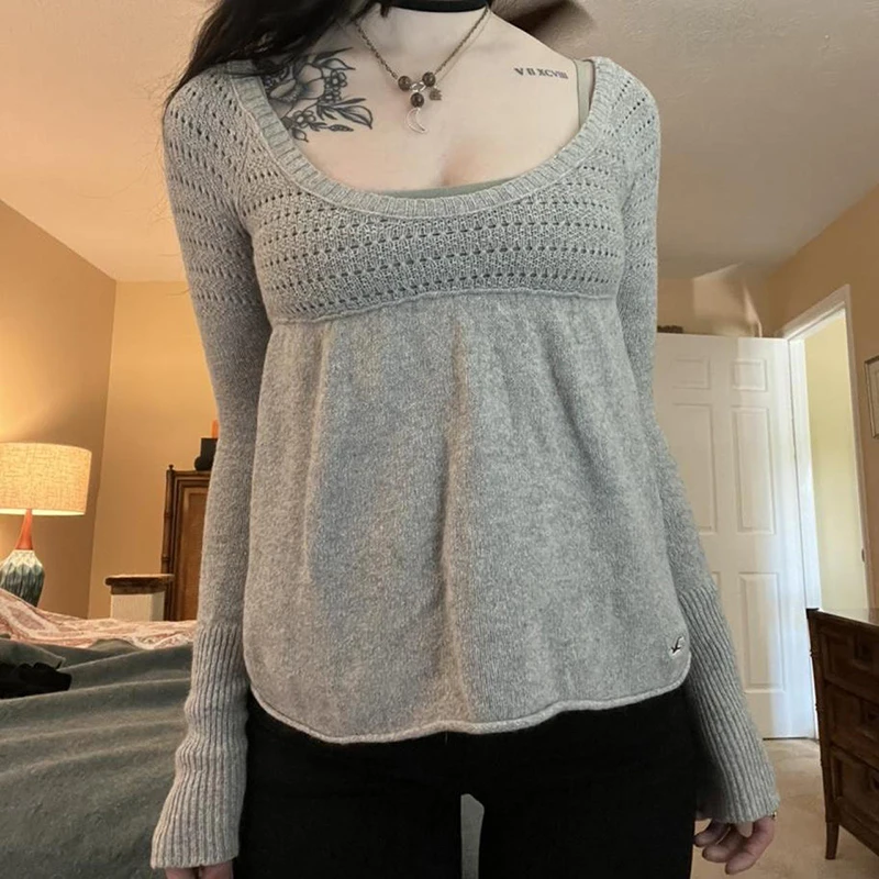 Chic Women Vintage Gray Knitted Sweater Autumn Full Sleeve Pullovers Tees 00s Retro Y2K Aesthetics Cute Milkmaid Tops Knitwear