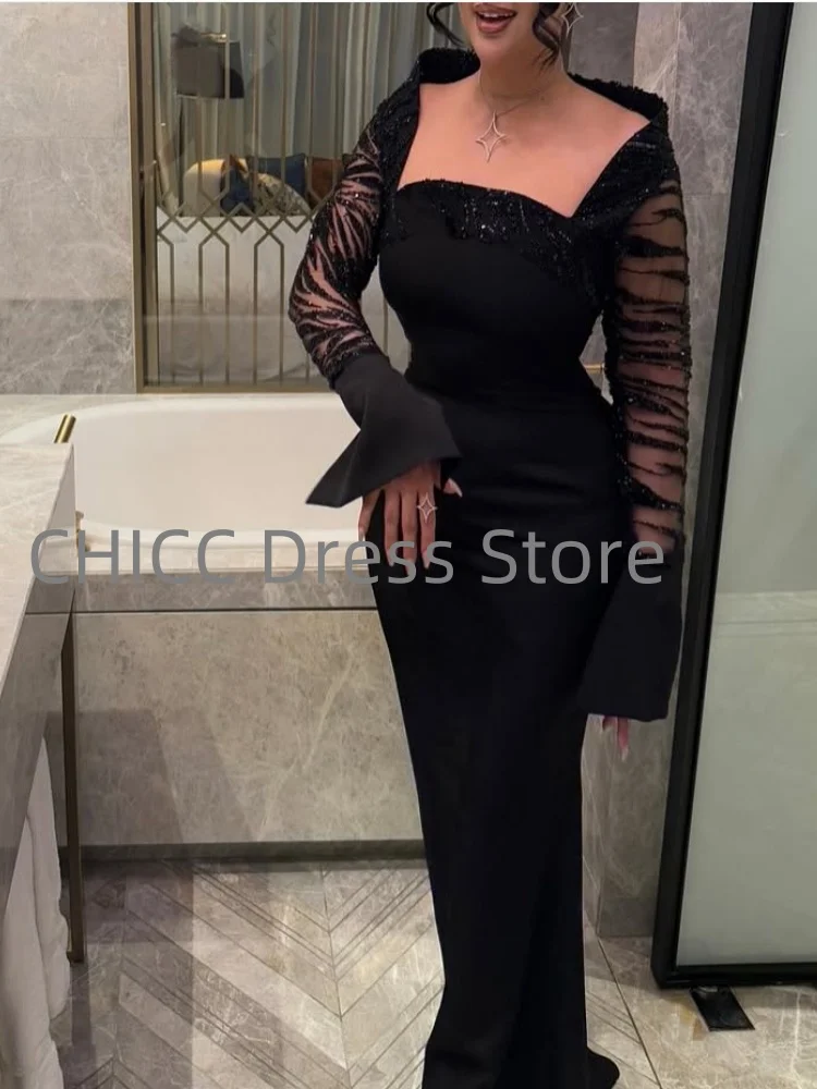 Vestidos de Noche elegantes con cuentas, manga larga, cuello cuadrado, vestido Formal para mujer, vestido de fiesta de sirena negro personalizado
