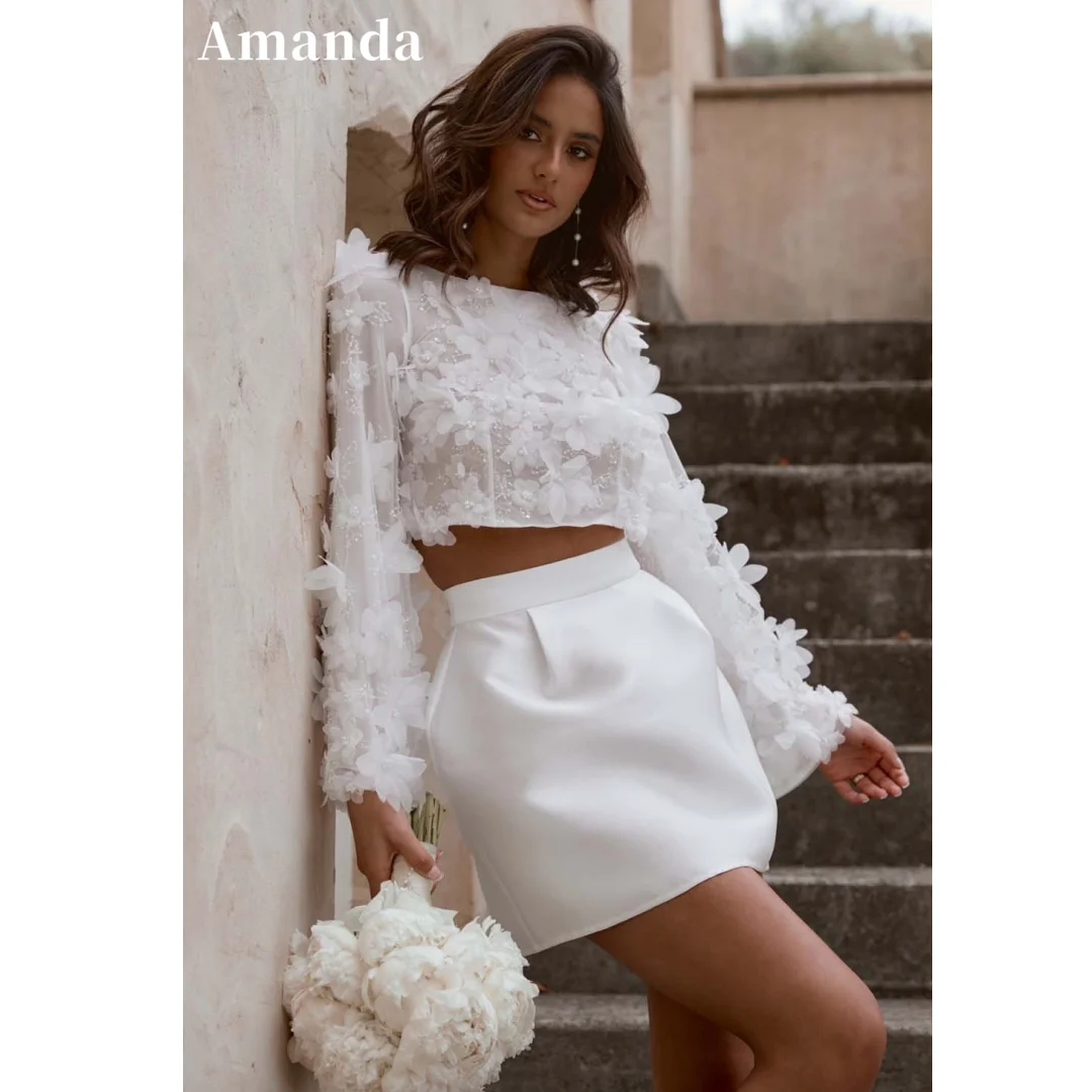 

Amanda Luxury Handmade 3D Flower Short Vestidos De Novia Two Piece Set Flower Trumpet Sleeve Wedding Dress Sweet Robe De Mariée