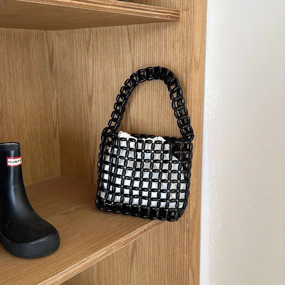 

JIOMAY 2025 New Women's Black Handcrafted Openwork Bag Vintage Wooden Bead Woven Beach Tote, Boho Chic Vacation Purse