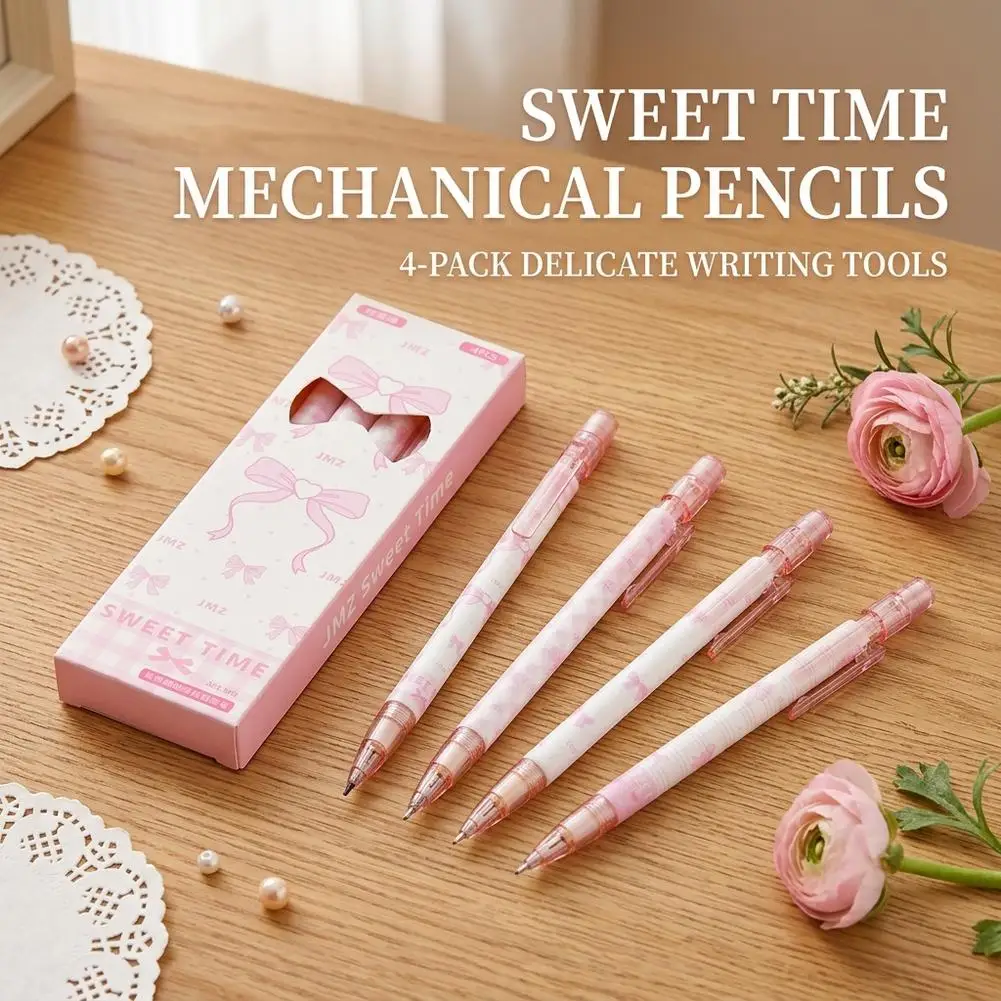 4pcs Pink Bow Automatic Pencil High Appearance for Students Non Sharpening and Hard to Break Core 0.5 Automatic Activity Pencil